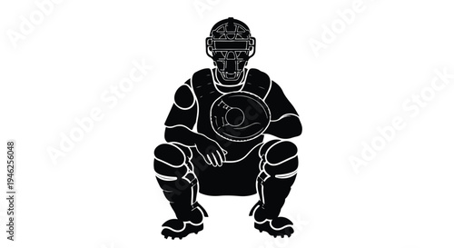 A crouching hockey goalie in protective gear against a white background with a monochromatic color scheme.