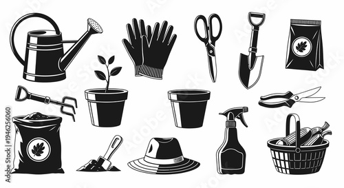 Gardening Tools Equipment Set - Black  White Vintage Monochromatic Illustration