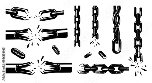 Monochrome Broken Chains and Chain Links Vector Set  Strength, Freedom, Breaking Barriers Concept