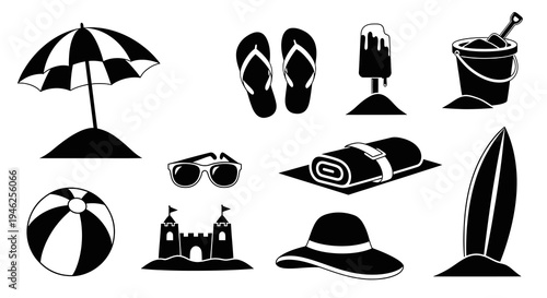 Summer Beach Vacation Accessories Glyph Icons Set - Black and White Silhouette Elements