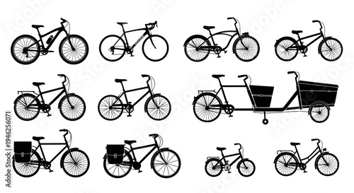 Diverse Bicycle Silhouettes Vector Collection: Black  White Line Art Bikes for Transport  Recreation