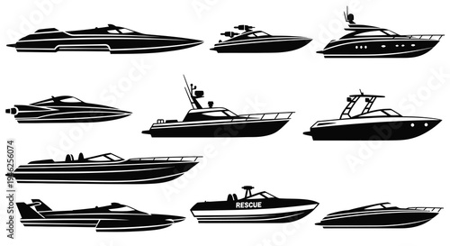Marine Watercraft Icons: Collection of Black Silhouette Boats, Yachts, and Speedboats