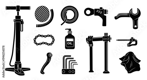Bicycle Maintenance Tools and Parts Glyph Icon Set for Cycling Repair