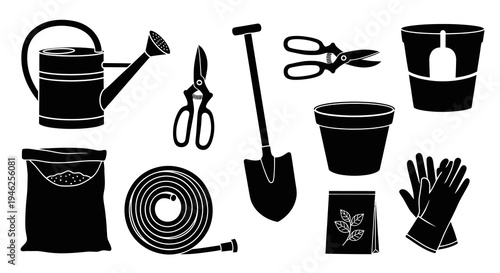 Black  White Glyph Set of Essential Gardening Tools and Horticulture Supplies Icons