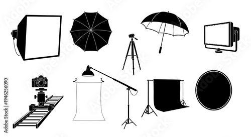 Photography Studio Equipment Glyph Icons Set - Media Production Gear Silhouettes