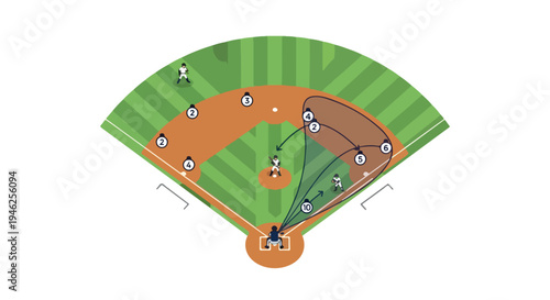 Overhead view of a baseball field with a player pitching and runners on base, illustrated in a top-down style with green grass and brown dirt, conveying a strategic and athletic mood.