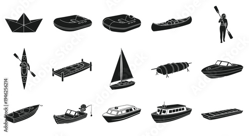 Water Transport  Recreation Black Silhouette Glyph Icons Set: Boats, Kayaks, Ships  Marine Gear