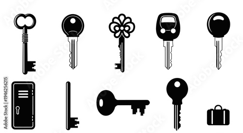 Variety of Keys and Locks Black and White Glyph Icons for Security, Home  Automotive