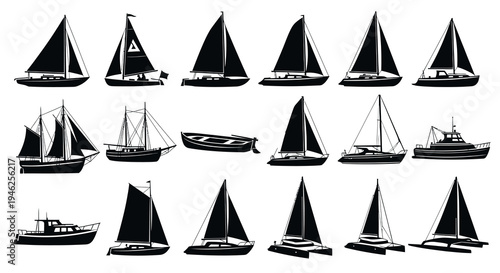 Diverse Marine Water Transport Boats, Yachts  Sailboats Silhouette Vector Collection