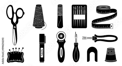 Sewing and Tailoring Tools Black and White Glyph Icon Set