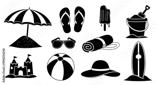 Summer Beach Vacation Elements Black and White Silhouette Icons Vector Set
