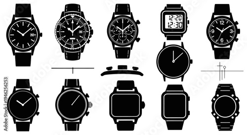 Black and White Watches Icon Set - Vector Glyphs for Time and Fashion Design