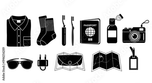 Travel Essentials Icons Set - Black  White Glyph Vector Art for Packing  Tourism