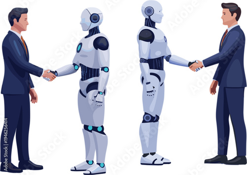 Businessman shaking hands with humanoid robot representing human-AI collaboration future technology and business partnership vector