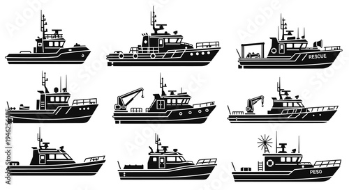 Nautical Boat and Ship Silhouettes Set - Fishing, Rescue, Work Vessels Vector Icons