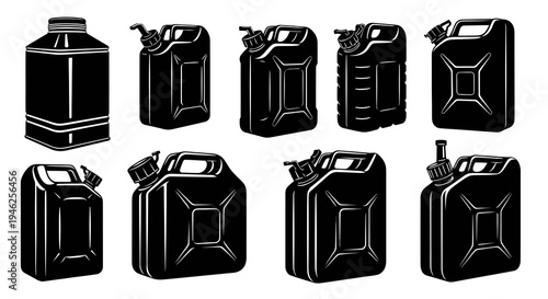 Automotive  Industrial Fuel Cans Jerrycans Black White Vector Illustration Set