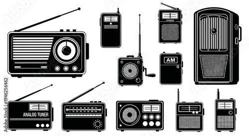 Retro Communication Radios Glyph Icon Set - Black and White Electronics Devices