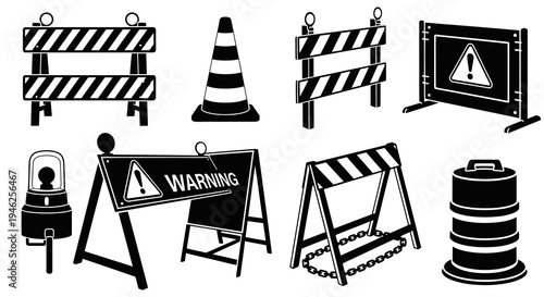 Construction Road Safety Barriers, Cones, Warning Signs Black and White Glyph Icons