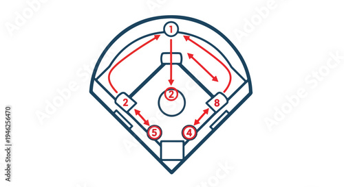 Overhead view of a baseball field diagram with red arrows and numbers on a white background.