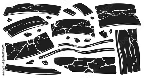 Construction Demolition Abstract Vector: Cracked Broken Pieces, Shattered Fragments Black  White Glyph Art