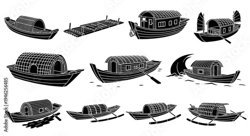 Traditional Asian Boats  Sampans Vector Set - Black  White Line Art Glyphs
