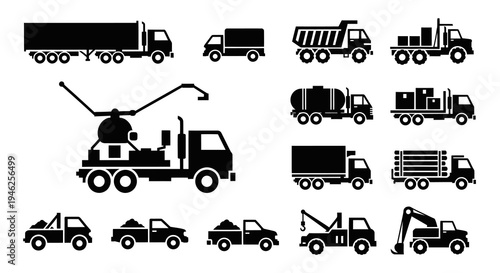 Heavy Duty Commercial Transportation and Construction Trucks Glyph Icon Set