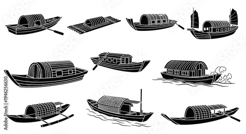 Traditional Asian Boats  Watercraft Travel Vector Icon Set - Black and White Silhouettes