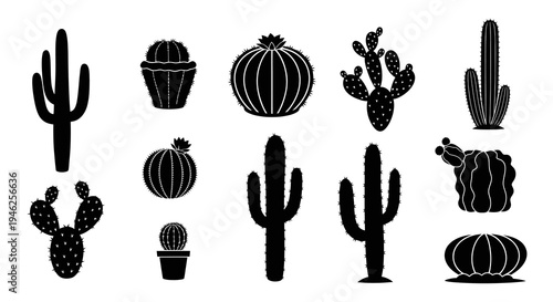 Desert Nature Cactus Silhouette Icons Set - Black Succulent Plant Vector Glyphs