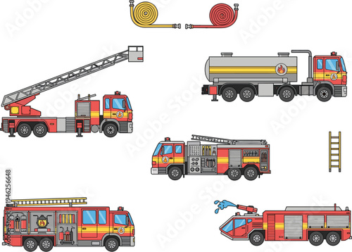 Collection of red fire truck vehicles including ladder truck water tanker and engine with firefighting equipment hose and ladder vector