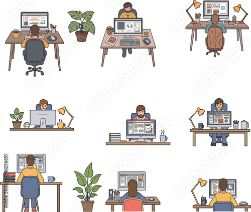 Collection of people working at desks with computers and plants representing remote work office lifestyle and digital productivity vector
