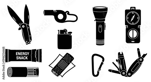 Black  White Glyph Outdoor Survival Gear Icons Set - Camping Emergency Tools Essentials
