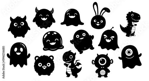 Cute Black and White Fantasy Monster Character Silhouettes - Kids and Halloween Vector Icons