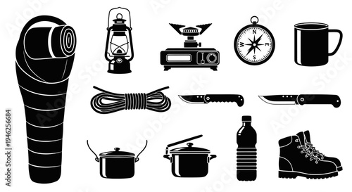 Outdoor Camping Adventure Gear Icons - Black  White Glyph Vector Set
