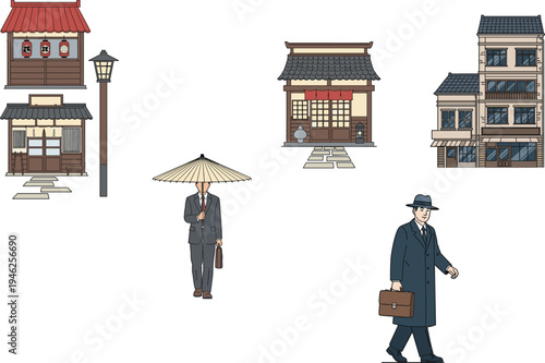 Collection of vintage Japanese and Western businessmen with traditional Japanese architecture houses and shops representing mid-century urban life vector