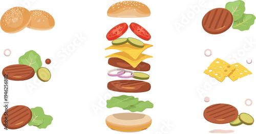 Exploded view of burger ingredients set featuring bun tomato lettuce cheese onion pickles and grilled beef patty vector