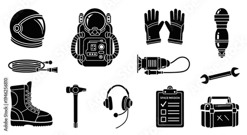 Astronaut Space Exploration Tools and Equipment Black Glyph Vector Icons Set