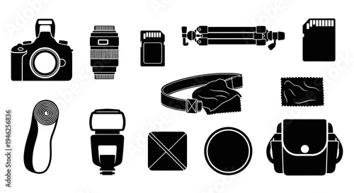 Photography Equipment and Accessories Black White Glyph Vector Icons Set