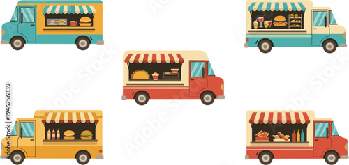 Flat food truck vector collection featuring colorful mobile kitchens and vintage street vendor vans serving burgers and tacos set