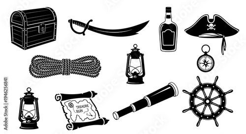 Black  White Pirate Icons Set: Treasure, Map, Hat, Compass, Saber, Ship Wheel Vector Elements