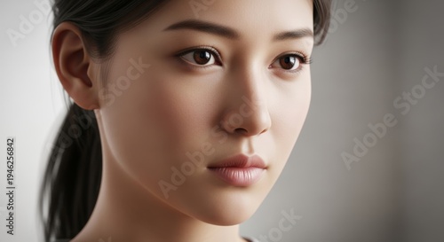 A close-up portrait of a young Asian woman with gentle features and striking dark eyes, showcasing her natural beauty and serene expression