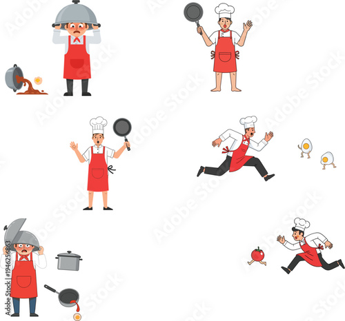 Funny cartoon chef character collection having kitchen accidents spilling food and chasing walking ingredients in restaurant kitchen vector