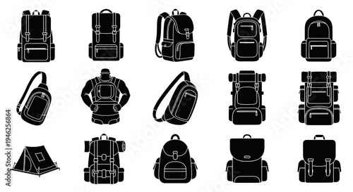 Collection of Backpacks, Rucksacks, Travel Bags  Camping Tent Glyph Icons