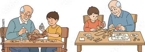 Grandfather and grandson building a model airplane together at a wooden table representing family bonding hobby and craftsmanship vector