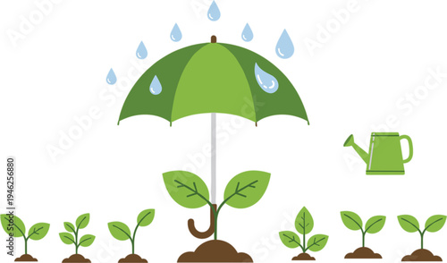 Green umbrella protecting small plant sprout from rain drops with watering can and growing seedlings in garden vector