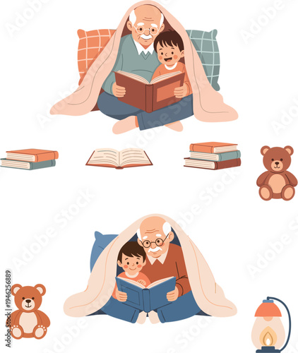Title
Grandfather reading bedtime stories to grandson under blanket with teddy bear books and lantern for cozy family bonding vector