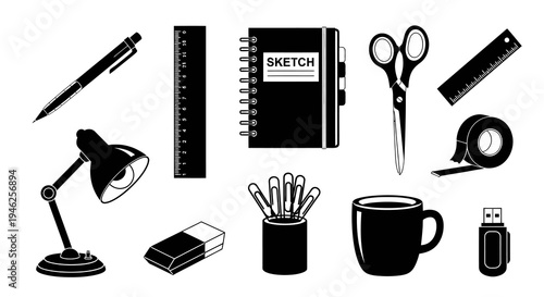 Office Supplies Glyph Icons Set: Stationery, Workplace Tools  Creative Desk Elements in Black  White