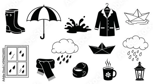 Rainy Weather Autumn Season Icons Black White Line Art Set