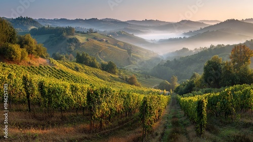 Italian Piedmont hills with Nebbiolo vineyard in morning mist, golden soft light, layered green hills, ethereal serene, shallow focus on vines, cinematic wide composition