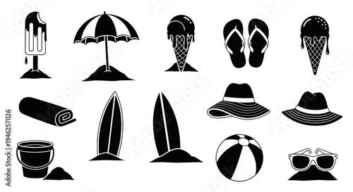 Summer Beach Vacation Travel Glyph Icon Set - Black and White Silhouette Elements