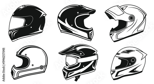 Automotive Motorcycle Helmets Vector Set - Black  White Line Art Safety Gear Collection